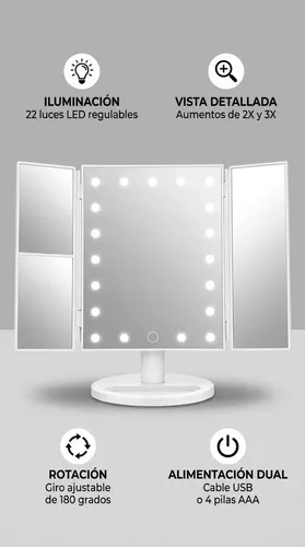 Espejo Maquillaje Mtl Tríptico Iluminación Led Portátil Base Reforzada Visión Amplia Detallada Diseño Moderno Elegante Color Blanco Ideal Rutinas Belleza Cuidado Facial Tocador Baño Dormitorio