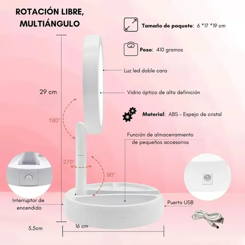 Espejo Maquillaje Doble Aumento X10 Luz Led Portátil