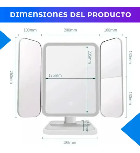 Espejo Triple Con Luz Led Usb Maquillaje Triptico Makeup