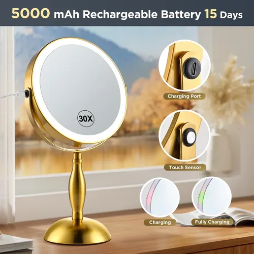 Espejo De Maquillaje Daslava 30x Dorado Con Luces Led