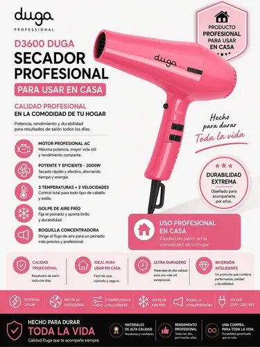 Secador De Pelo Profesional Duga 3600 D3600 Color Rosa