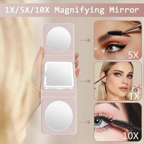 Espejo de Maquillaje Recargable con Luz LED y Aumento 5X/10X para Bolso Rosa