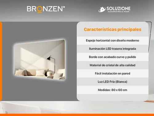 Espejo Luz Led Trasera Horizontal Rectangular 80 X 60 Cm