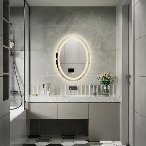 Espejo Ovalado LED de Pared para Baño con Luz Cálida y Antiempañante