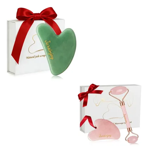 Set Gua Sha Verde Y Rodillo Cuarzo Rosa Antichoque
