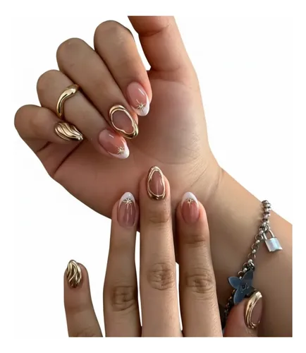 Uñas Press On Soft Gel Nude Con Detalles Dorados Color French Gold Modern