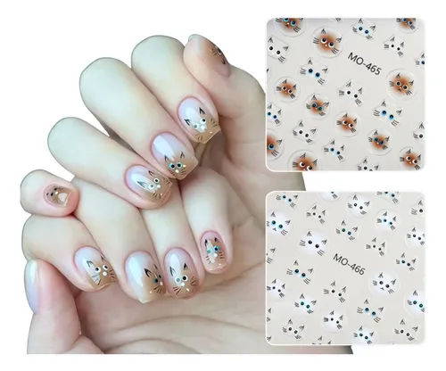 Stickers Uñas Gatito Pack X6 Planchas Nail Art Cute Japonés