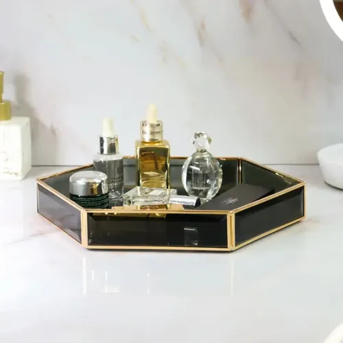 Bandeja Hexagonal De Vidrio – Maquillaje – Perfumes – Deco Negro