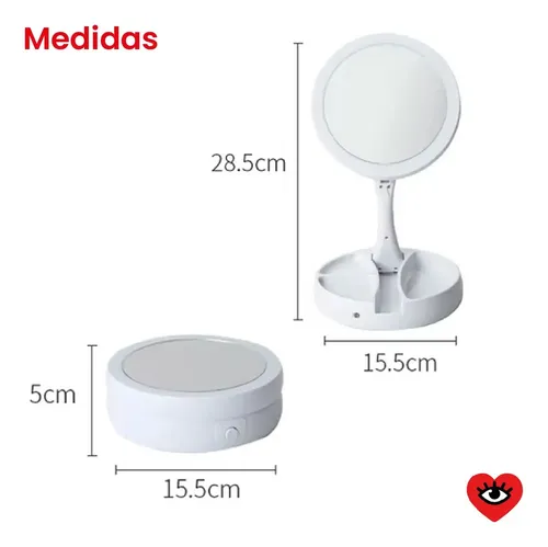 Espejo Plegable Maquillaje Zoom Usb Luz Led Doble Aumento Marco Blanco Veoquiero