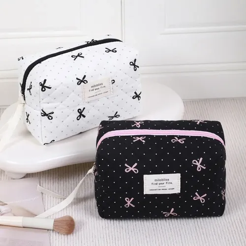 Bolsa Acolchada Con Lazo Rosa For Maquillaje, Bolsa De \\