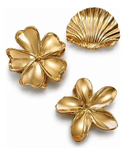 Broche Pelo Flor Dorado Metalizado Elegante Mujer Hebilla