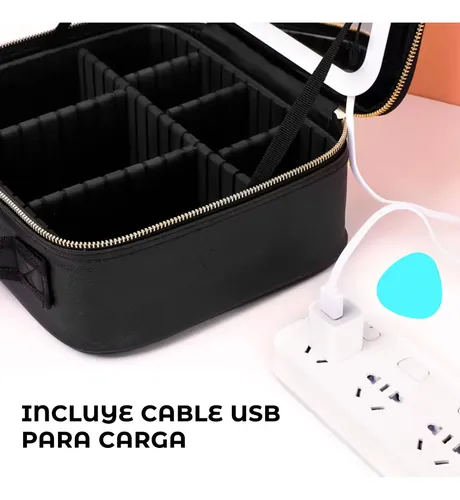 Porta Cosméticos con Espejo LED Recargable USB para Maquillaje, Negro