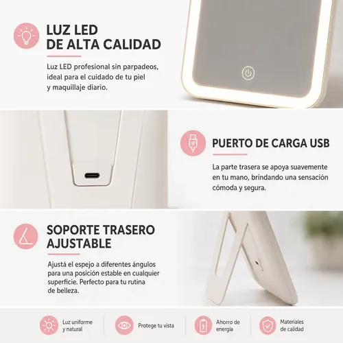Espejo Con Luz Led Maquillaje Táctil Recargable Usb Premium