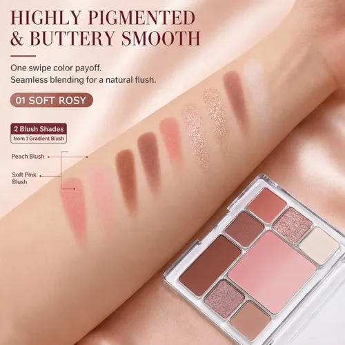 Paleta Maquillaje 6 Sombras + Rubor Contorno Soft Rosy