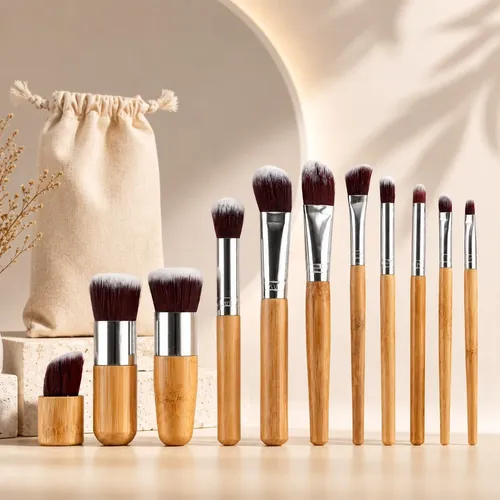 Set Juego De Brochas  Maquillaje Completo Con Mango De Bambú