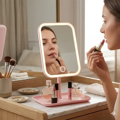 Espejo De Maquillaje Led Táctil Con Base Organizadora Blanco