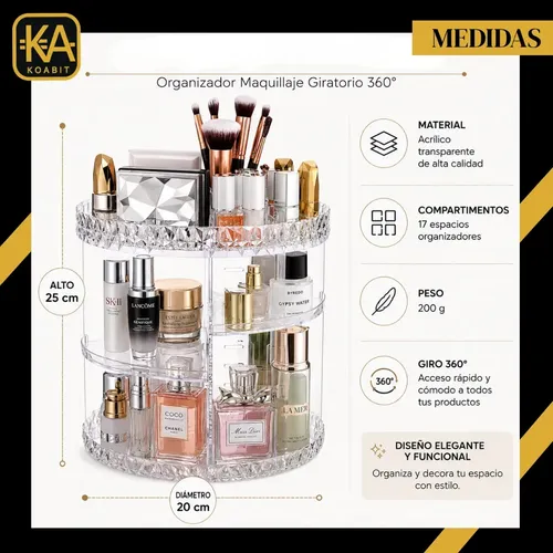 Organizador Giratorio Maquillaje Acrílico Transparente 360° Perfumes Cremas Labiales Brochas Multiuso Gran Capacidad Para Baño Dormitorio Tocador Koabit