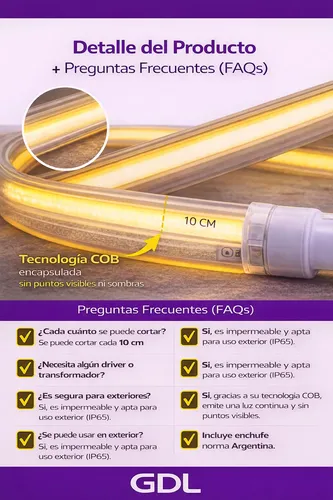Tira Led 5m Cob 220v Directo Sin Driver Exterior Con Enchufe