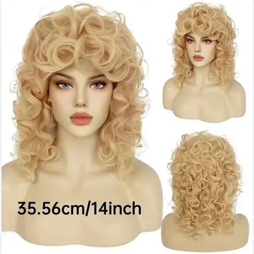 Peluca Rizada De 14 Pulgadas, Cabello Rubio Corto Con Flequi