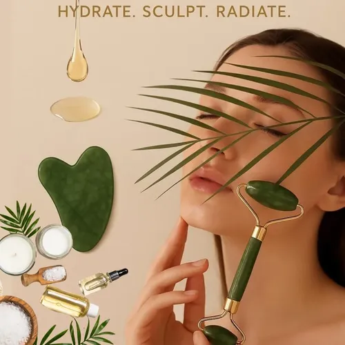 Set Gua Sha Y Rodillo Facial Jade Casacare Verde Oscuro
