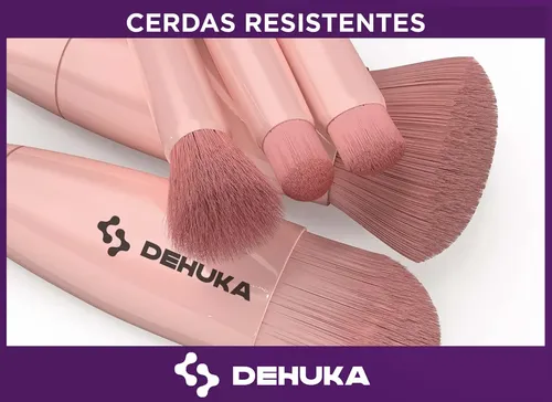 Set X5 Brochas Y Pinceles Maquillaje Profesional Sintéticos Con Estuche Espejo Rosa Dehuka