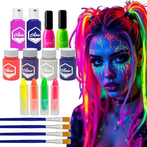 Kit Maquillaje Artístico Fluorescente Neon Luz Negra Glow