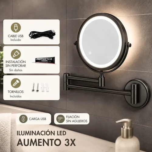 Espejo Para Maquillaje Led Pared Aumento X3 Bateria 3000mah
