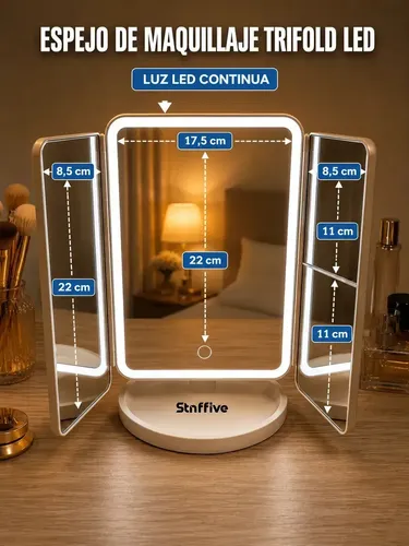 Espejo de Maquillaje LED Tríptico Stnffive con Luz Regulable y Aumento 1x/2x/3x