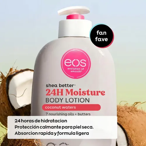 EOS Shea Better Loción Corporal Coconut Waters 473 ml | Hidratación 24 Horas con Manteca de Karité Natural, Aroma Fresco de Coco, Fórmula Vegana Ligera y No Grasosa que Suaviza y Nutre la Piel