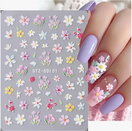Pegatinas De Uñas 3d Floral 5d Adhesivas 4 Hojas Arte