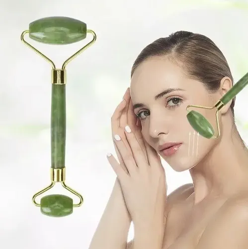 Masajeador Facial Rodillo Doble Jade Natural Verde Macarons Bazar 14 cm