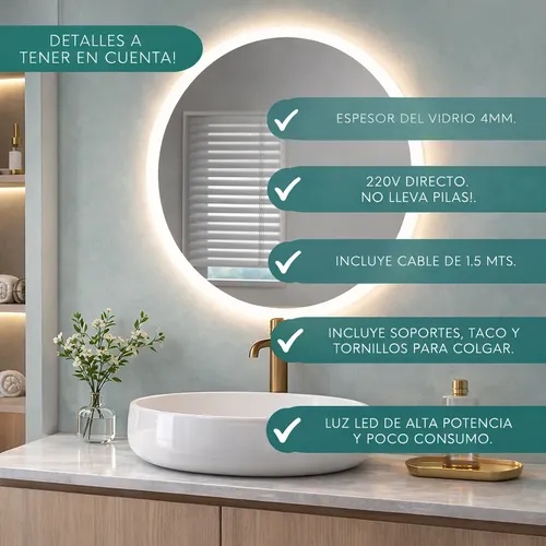 Espejo Led Redondo 60cm Luz Calida/fria Regulable Para Baño