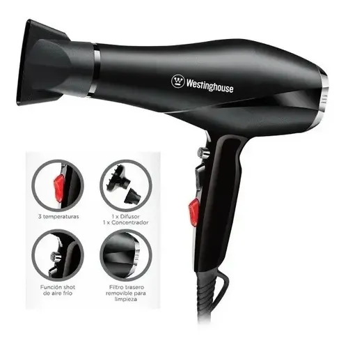 Westinghouse Secador De Pelo 2400w 3 Piezas Función Shot Color Negro