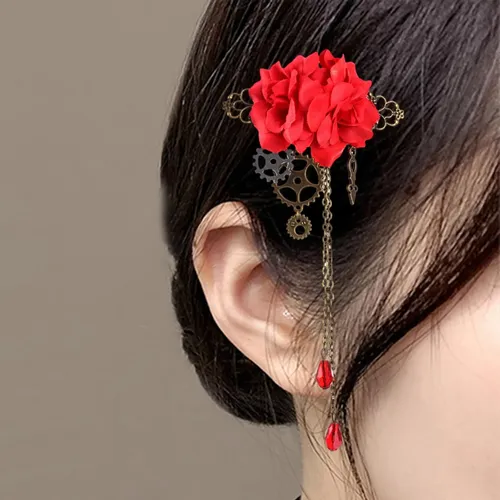 Clip Floral Steampunk Lolita Gear Rose Para El Cabello Rojo