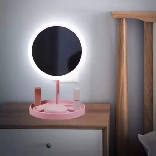 Espejo Maquillaje Portatil Tactil Con Luz Led Recargable Marco Rosa claro