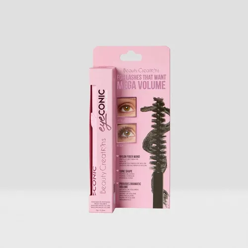Beauty Creations – Eyeconic Rímel Máscara De Pestañas Mega Volume, Volumen Dramático Que Alarga Con Cepillo De Fibra De Nylon, Color Negro, Vegano Y Libre De Crueldad