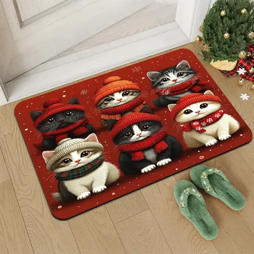 Felpudo Navideño Con Forma De Gato, Diseño De Gorro Y Bufand 40x60cm