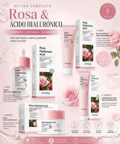 Kit Skincare Rutina Facial Completa Hialurónico Rosa Bioaqua