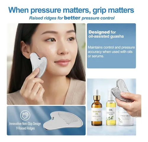 Set Masajeador Facial Yeamon Rodillo Y Gua Sha Acero Plata