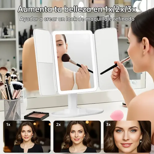 Espejo Maquillaje LED Cuadrado Plegable Con Luz, Aumento 2x y 3x, y 3 Modos de Iluminación Ajustable