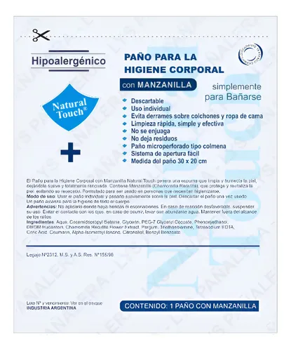 40 Paños Natural Touch Con Manzanilla P/ Higiene Corporal