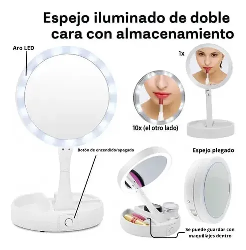 Espejo Portatil Plegable Organizador Maquillaje Aro Luz Led