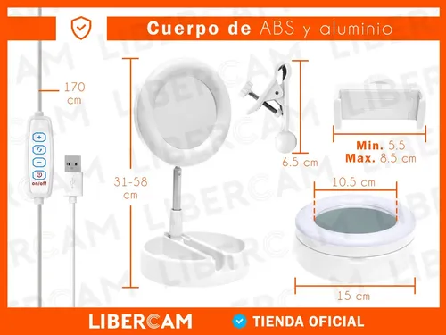 Espejo Selfie Porta Celular Luz Led LIBERCAM ELS-10BL Ring Light Usb Maquillaje Color Blanco