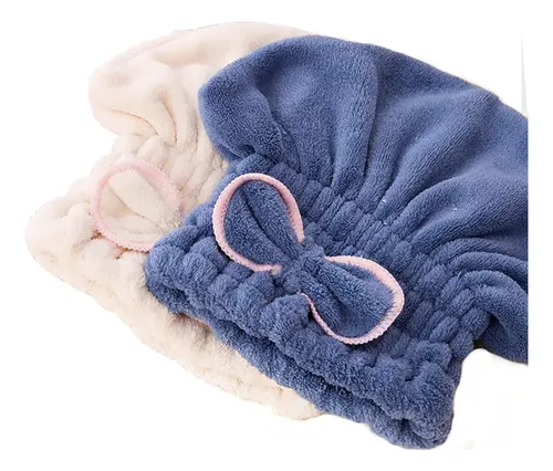 2 Gorros De Toalla De Microfibra Para Cabello, Secado Rápido Azul+beige Sólido