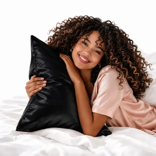 Funda Almohada Saten Anti Frizz Curly Seda Piel Y Cabello Negra