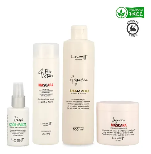 Kit Argania Nutrición Intensa Para Cabellos Super Secos, Shampoo, Máscara Argania, Crema de Peinar protectora Térmica y Reparadora 4FourAction y Serum Reparador de Puntas de Coco y Palta LineUp