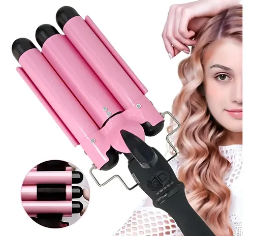 Triple Rizadora De Cabello Ondas Playeras Color Rosa . .