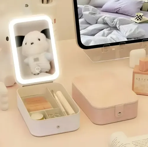 Espejo Led Porta Cosmeticos Usb Funda Simil Cuero