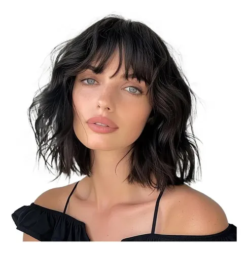 Peluca Corta Tipo Bob Para Mujer Con Flequillo Ondulado En E