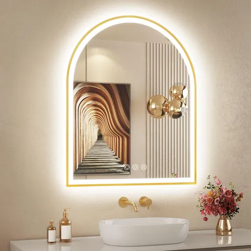 Espejo Led De Baño Oumusu, Arqueado, 24 X 30 Cm, Luz Dorada